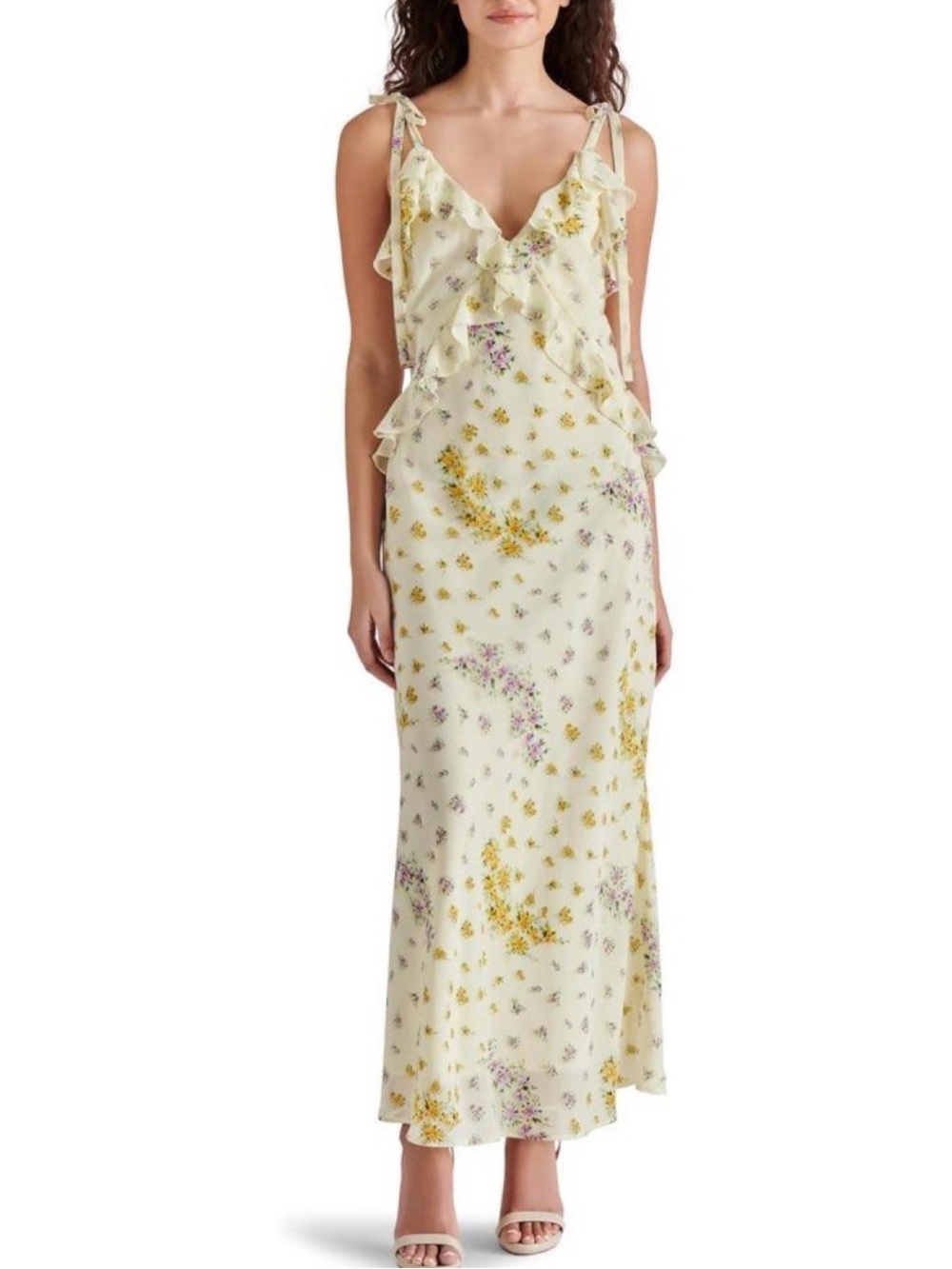Tie-Shoulder Floral Maxi Dress in Pale Yellow